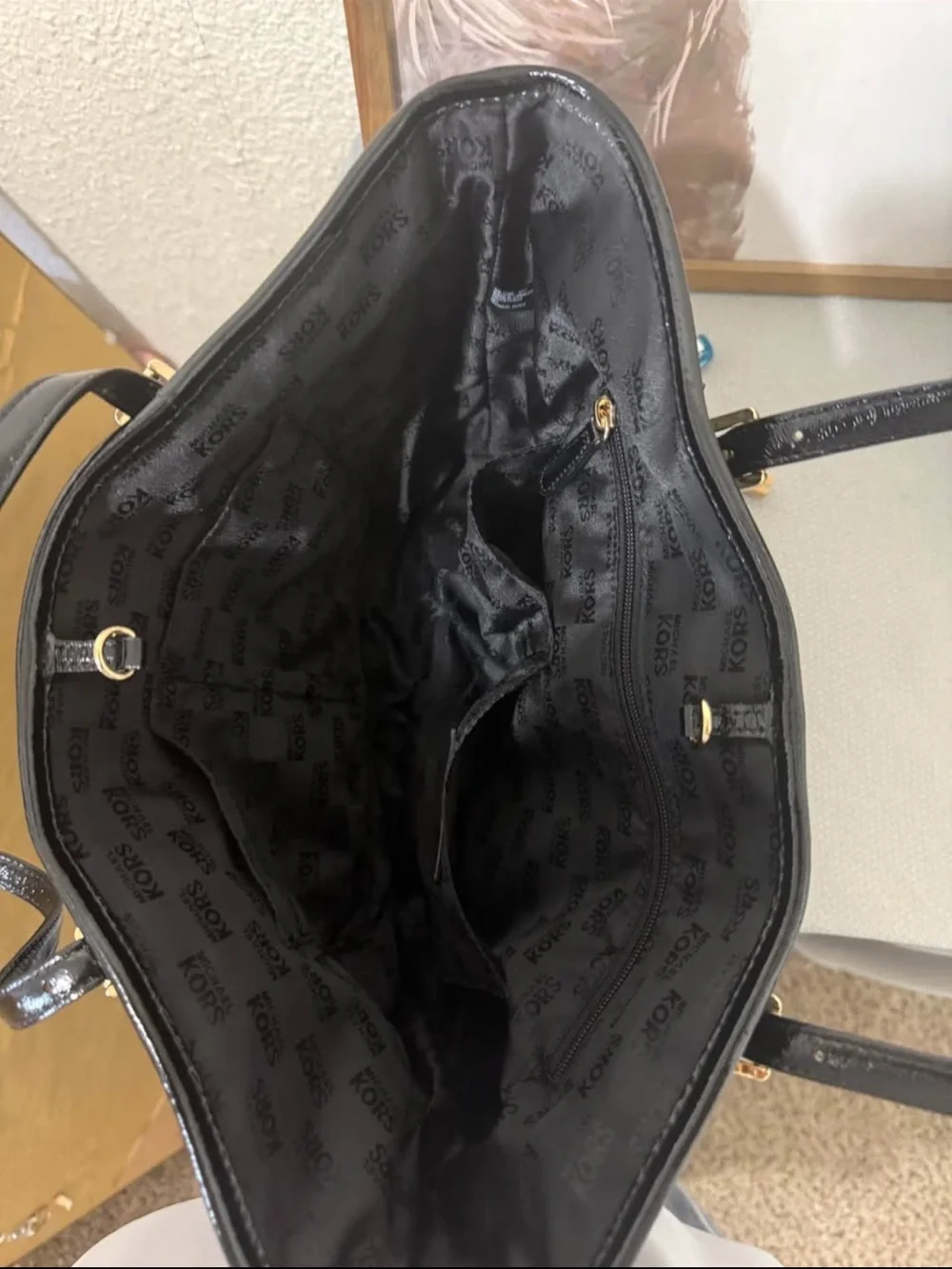 Michael Kors Black Embossed MK Patent Tote with Gold Hardware
